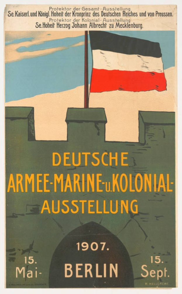 Deutsche Flagge über Text auf einem Plakat.