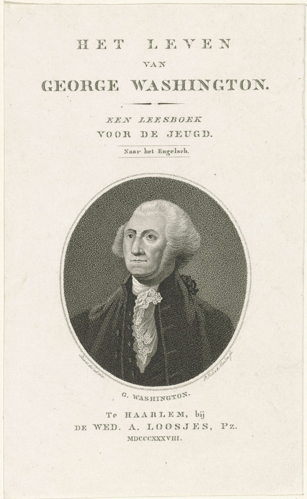 Porträt von George Washington auf Papier mit Text, der nach vorne schaut und einen ernsten Ausdruck hat, trägt Anzug und Krawatte, zurückgekämmtes Haar sichtbar.