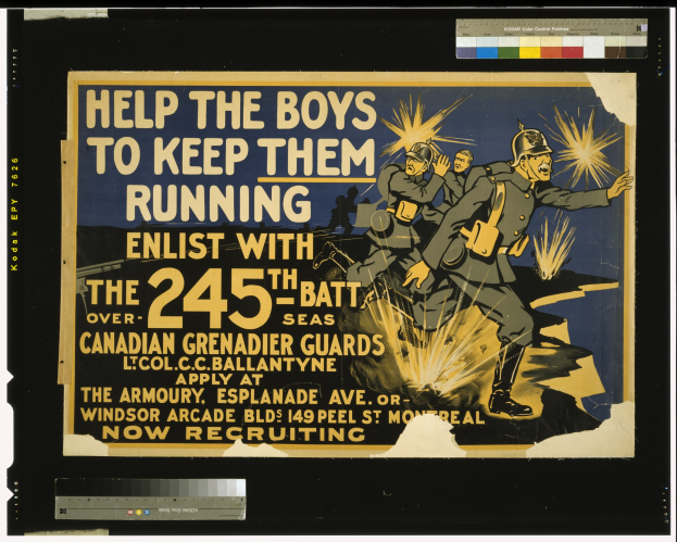 Schwarzes Plakat mit einer Gruppe uniformierter Läufer, Text lautet "Hilf den Jungs, damit sie weiterlaufen."