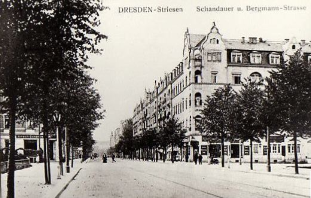 Ein Schwarz-Weiß-Foto einer Stadtstraße in Dresden, Deutschland, das Menschen, Pfähle, Bäume, Fahrzeuge, Gebäude mit Fenstern und einen bewölkten Himmel zeigt, mit Text oben.