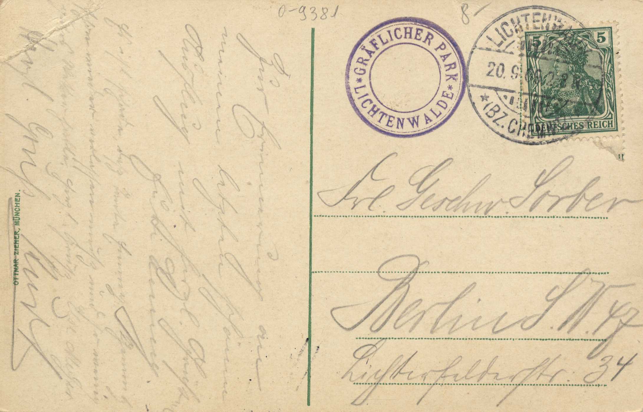 Eine alte Postkarte mit einer Briefmarke, die "Lichtenwald, Deutschland - Cover nach Deutschland" lautet und handschriftlichen Text enthält, sowie zwei zusätzliche Stempel in der oberen rechten Ecke.