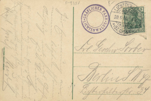 Eine alte Postkarte mit einer Briefmarke, die "Lichtenwald, Deutschland - Cover nach Deutschland" lautet und handschriftlichen Text enthält, sowie zwei zusätzliche Stempel in der oberen rechten Ecke.