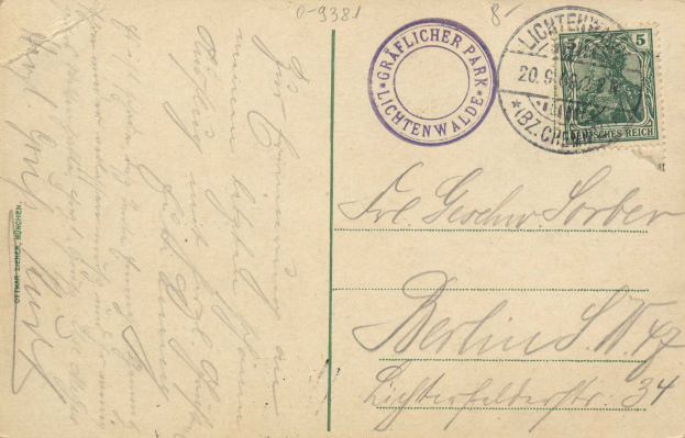 Eine alte Postkarte mit einer Briefmarke, die "Lichtenwald, Deutschland - Cover nach Deutschland" lautet und handschriftlichen Text enthält, sowie zwei zusätzliche Stempel in der oberen rechten Ecke.