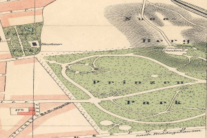 Ausführliche alte Karte von Berlin, Deutschland, die den Standort eines Parks mit Straßen, Sehenswürdigkeiten und zusätzlichen Parkinformationen markiert.