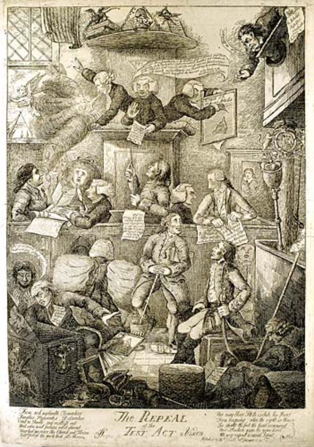 Ein Gravur von einer Gruppe von Menschen, die um einen Tisch in einem Raum sitzen, einige halten Papiere mit der Inschrift "Die Aufhebung des Test Act" unten.