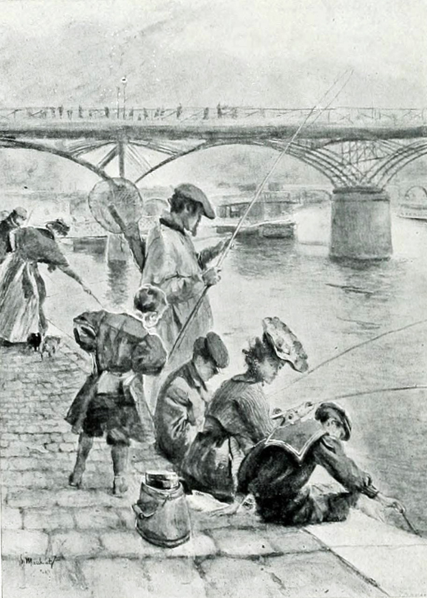Eine Gruppe von Menschen beim Angeln an der Seine in Paris, mit einer Brücke im Hintergrund, Booten auf dem Wasser und einem schwarz-weißen Himmel.