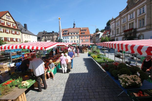 Ein belebter Markt im historischen Stadtzentrum von Heidelberg, Deutschland, mit Menschen, die spazieren gehen, auf Bänken sitzen und in der Nähe von Zelten, Tischen mit Körben voller Gemüse und Gebäuden mit Fenstern, Bäumen und einem klaren blauen Himmel im Hintergrund.
