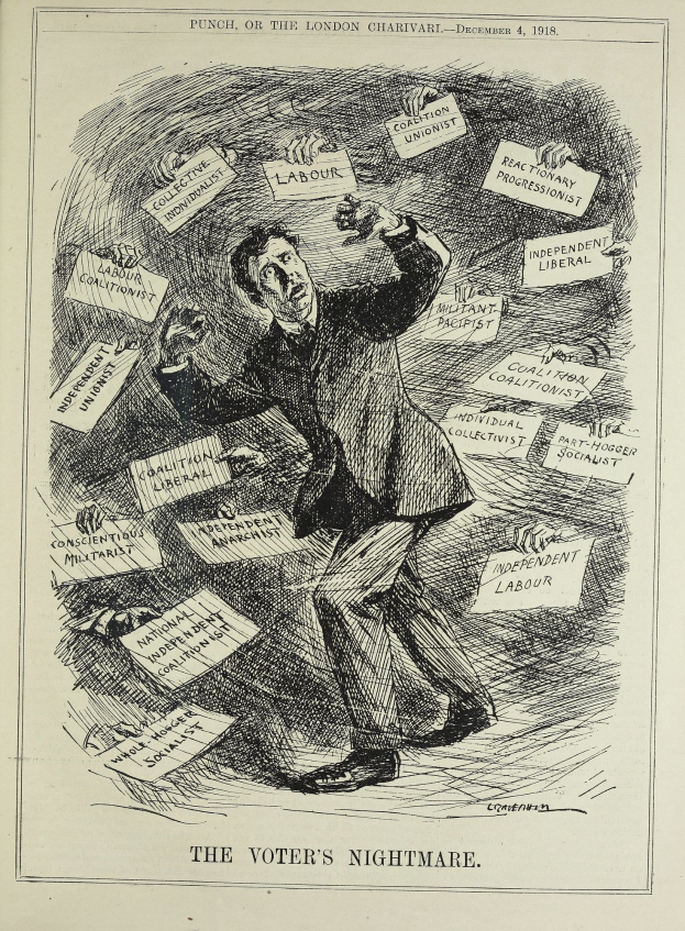 Ein Blatt mit einer Zeichnung eines Mannes im Anzug, der ein Schild hält mit der Aufschrift "Der Albtraum des Wählers" und einem entschlossenen Gesichtsausdruck.