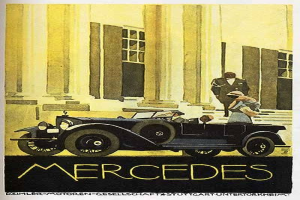 Vintage-Plakat aus den 1920er-Jahren von Mercedes-Benz mit einem klassischen Auto mit zwei Personen vor einem modernen Gl├Ąserbau, mit 'Mercedes-Benz'-Text unten.
