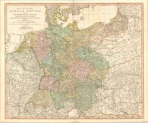 Eine Karte des Deutschen Reichs mit benachbarten Staaten und ihren Hauptstädten, auf Papier gedruckt mit detaillierten Textinformationen.