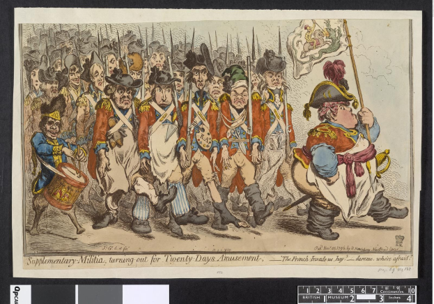 Gruppe von Männern in Militäruniformen marschiert auf einer Straße, einer hält einen Stock in der Hand, mit dem Text "Zusätzliche Miliz, Antreten für zwanzig Tage Vergnügen" unten.