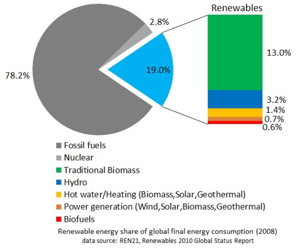 Tortendiagramm, das den globalen Verbrauch an erneuerbaren Energien im Jahr 2008 zeigt, mit Abschnitten für fossile Brennstoffe, Kernenergie, Hydro, Heißwasser, Heizung, Biomasse, Solar, Geothermie und Biokraftstoffe.