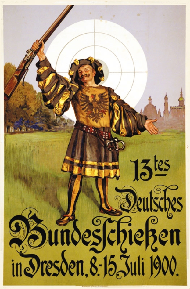 Ein Plakat, das ein Ereignis am 13. Juli in Dresden, Deutschland, ank├╝ndigt und eine Person mit einer Waffe zeigt, umgeben von B├Ąumen und Geb├Ąuden, sowie Text, der Informationen ├╝ber das Ereignis bereitstellt.