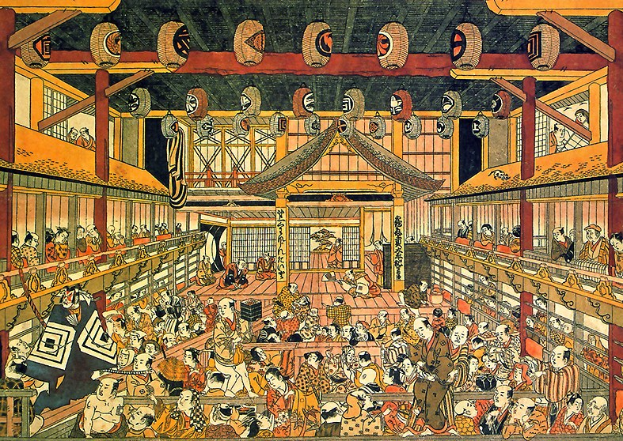 Gemälde einer vollen Raum mit sitzenden und stehenden Figuren, Säulen und Hintergrundobjekte, signiert "Utagawa Kunisada Toyokuni III/Kuniyoshi Toyokubi III/Ukiyo-e" unten.