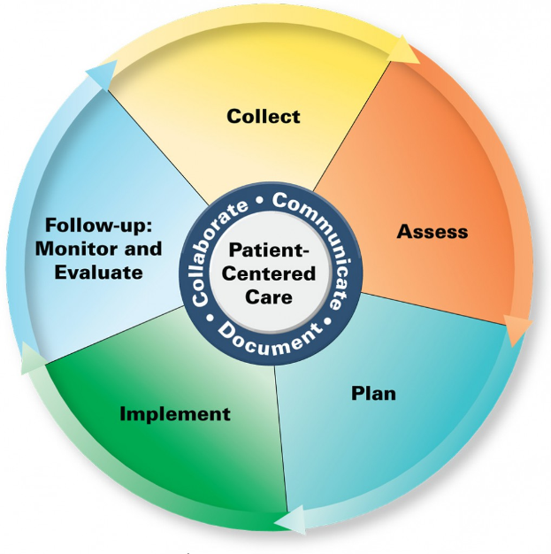 Ein Kreisdiagramm mit "patientenorientierter Versorgung" in der Mitte, unterteilt in vier farbige Abschnitte, jeweils mit einer Beschreibung des angebotenen Versorgungsbereichs.