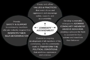 Ein Kreis mit "Gemeinschaftsverantwortung" in der Mitte, umgeben von drei überlappenden Kreisen, die durch Pfeile verbunden sind, alles in fetter, heller und leuchtender Farbe.