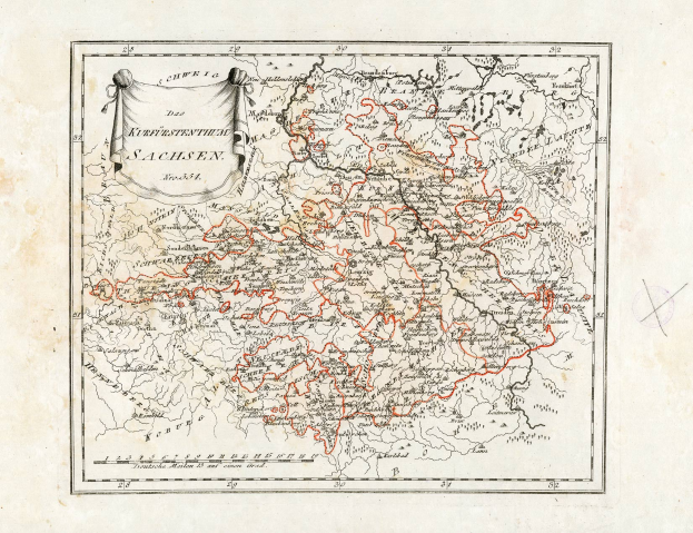 Eine alte Deutschlandkarte mit den Provinzen Sachsen und Sachsen-Anhalt in Rot hervorgehoben, auf Papier gedruckt mit Text und einem Wasserzeichen auf der rechten Seite.