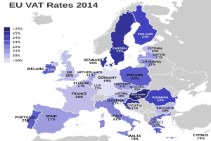 Karte von Europa, die die EU-Mehrwertsteuersätze von 2014 mit Prozentwerten und Textlabels anzeigt.