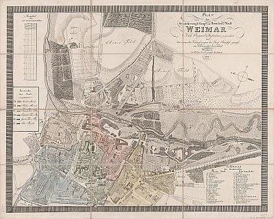 Detailierte alte Karte von Weimar, Deutschland, die Straßen, Gebäude und Sehenswürdigkeiten zeigt, mit zusätzlichem Text über die Bevölkerung und Merkmale der Stadt.