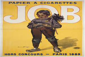 Ein Plakat mit einem jungen Jungen, der eine Zigarette hält, mit Text, der wahrscheinlich einen Job bewirbt, und einem entschlossenen Gesichtsausdruck.