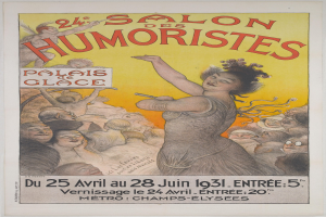 Plakat für den Salon des Humoristes in Paris mit einem Frauengesicht, umgeben von einer Menge, und Veranstaltungstext.