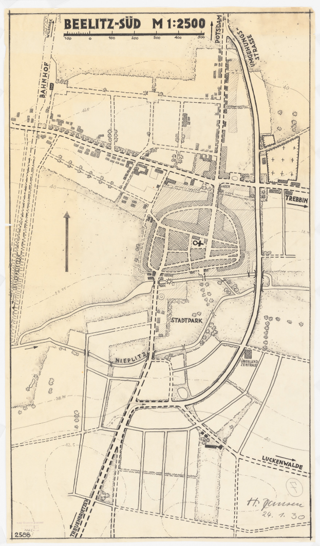 Ein detailliertes Papierstadtplan von Beelitz-Süd, Deutschland, mit Straßen, Gebäuden und Sehenswürdigkeiten mit Text oben und unten.