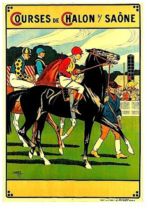 Plakat, das ein Pferderennen mit Jockeys auf Pferden zeigt, umgeben von einer Menge hinter einem Zaun, mit Bäumen und einem bewölkten Himmel im Hintergrund.