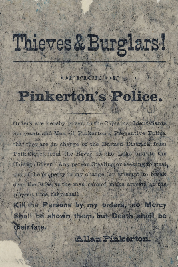 Ein Plakat mit fetter schwarzer Schrift, die "Diebe & Einbrecher Pinkerton's Police" in der Mitte zeigt, eingerahmt von einem dünnen schwarzen Rand.