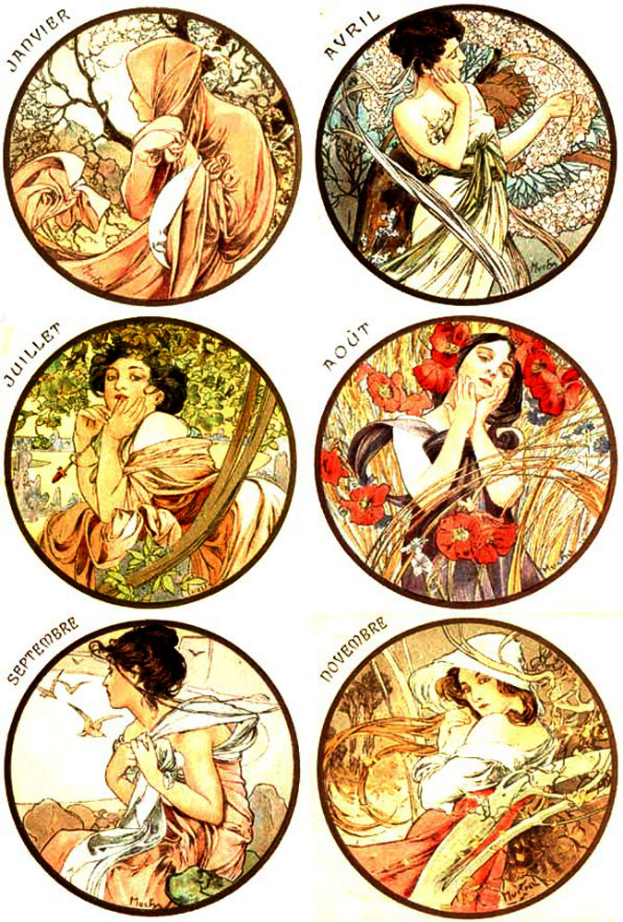 Ein Plakat mit sechs Frauen in verschiedenen Posen, mit fetter Schrift und einem dekorativen Rand, primarily in shades of blue, green, and yellow.