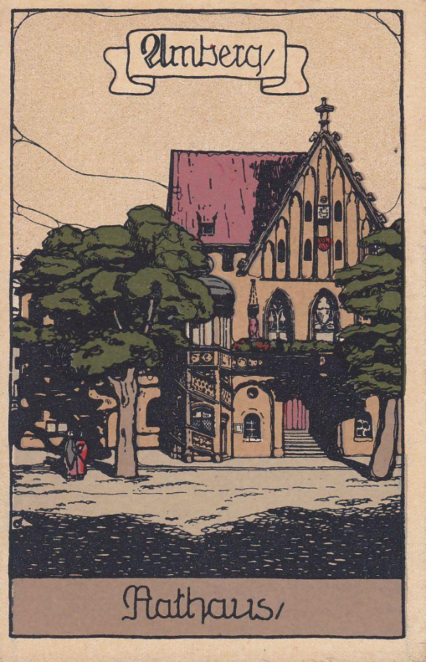 Eine alte Ansichtskarte mit einer traditionellen deutschen Kirche mit Turm und Glockenturm, umgeben von grünen Bäumen und bewundernden Menschen, mit der Aufschrift 'Rathaus, Deutschland' oben und unten.