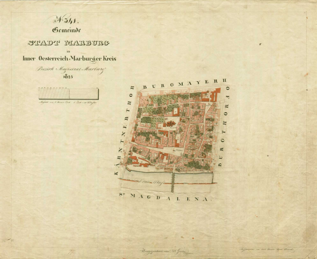 Detailierter alter Stadtplan von Marburg mit Straßen, Gebäuden, Sehenswürdigkeiten und Text mit zusätzlicher Stadtinformation.